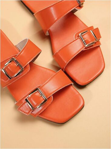 GORGLITTER Women's Two Strap Flat Sandals Buckle Square Open Toe Slip On Slide Sandals in Saudi Arabia