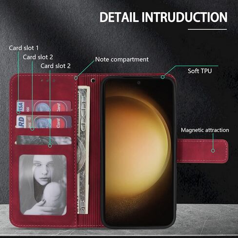 متوافق مع حافظة محفظة Samsung Galaxy S23 مع فتحات بطاقة RFID وإغلاق مغناطيسي واقٍ واقٍ من جلد البولي يوريثان وغطاء هاتف لهاتف Galaxy S23 (6.1 بوصة-نبيذ أحمر) in Kuwait