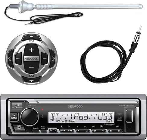 Kenwood MP3/USB/AUX Marine Boat Yacht Stereo Receiver Player Bundle Combo w/ RC35MR Wired Remote Control, Enrock Water Resistant 22" Radio Antenna, Outdoor Rubber Mast AM/FM 45" Antenna in Saudi Arabia