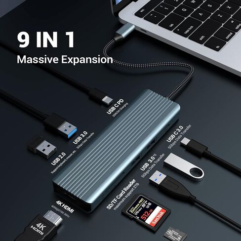 USB C Hub Adapter HOPDAY - 9 in 1 Multiport Hub with 4K HDMI, 100W PD Charging, USB 3.0/2.0, and SD/TF Card Reader, Docking Station for USB C Laptops in Saudi Arabia