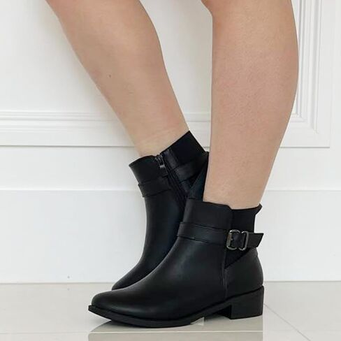 TRENDSUP Women's Classic Ankle Booties, Low Heel, Buckle Strap, Round Toe in Saudi Arabia