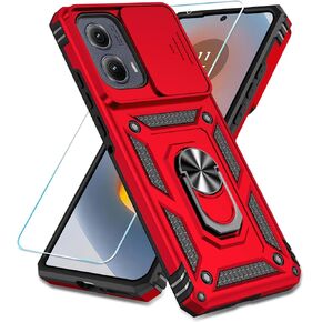 SunStory for Motorola Moto Edge 2024 Case with HD Screen Protector & Slide Camera Cover & Rotated Ring Kickstand, [Military-Grade] Phone Case for Moto Edge 2024 (Red)