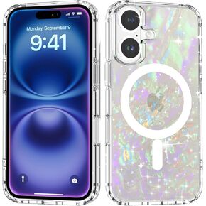 Tksafy for iPhone 16 Case, Compatible with MagSafe, Cute Glitter Pearl Design for Women and Girls, Hard PC Protective Luxury Shockproof Bumper Phone Case for iPhone 16 6.1-inch 2024, Cloud
