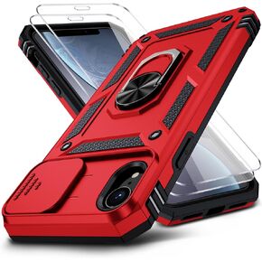 for iPhone XR Case, iPhone XR Phone Case with 2X HD Screen Protector + Slide Camera Cover,[Military Grade] 16ft. Drop Tested Protective Case with Magnetic Ring Kickstand, Red