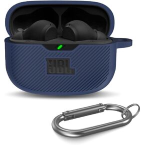 for JBL Vibe 200TWS/JBL Vibe Beam Case Cover, Silicone Protective Scratch Shock Resistant Logo Visible Cover Compatible with JBL Vibe 200TWS & JBL Vibe Beam Charging Case with Carabiner-Blue