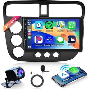 2G 64G Android 13 راديو ستيريو للسيارة Honda Civic 2001-2005 CarPlay اللاسلكي، Rimoody 9 بوصة تعمل باللمس Android Auto Mirror Link GPS WiFi Bluetooth FM/RDS EQ SWC كاميرا احتياطية