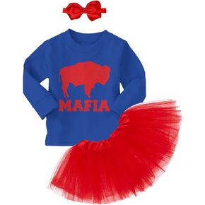Buffalo Mafia - State Proud Strong Pride Sports Long Sleeve Toddler T-Shirt + Tutu Skirt + Bow Headband Set (Long Sleeve Royal Blue T-Shirt/Red Tutu, 3T)