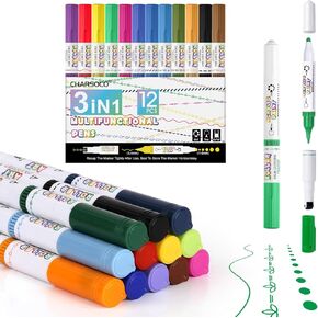 CHARSOCO 24 Colors 3 In 1 Marker Pens, Curve Tip, Fine Point and Brush Tip -24 Patterns, Assemblable, for Kids Adult Coloring Books, DIY Cards Drawing Note Taking, Calligraphy, Journaling, Xmas Gift