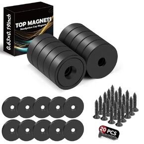 TOP MAGNETS 30lb Strong Magnets, Cabinet Door Magnets with Iron Sheet and Screw, Round Magnets for Door or Drawer Closure, Cruise, Holding Tools Hanging - Black Magnets 15 Pack