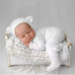 Newborn Photography Props Boys Girls Outfits Mohair Bear Hat Romper Bodysuit Baby Photoshoot Clothes Photo Props for Babies (White)