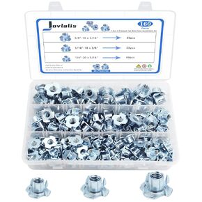 T Nuts 1/4"-20, 5/16"-18, 3/8"-16, Jovlalis 160pcs T-nut 304 Stainless Steel 4 Pronged Tee Blind Nuts Threaded Insert Assortment Kit for Wood, Rock Climbing Holds, Cabinetry, Furniture