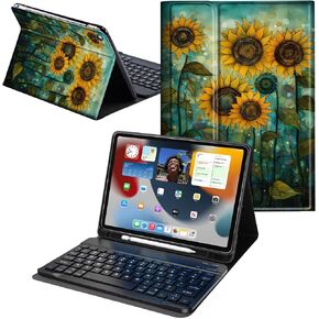 iPad 9th Generation Case with Keyboard 10.2 Inch,iPad 9th/ 8th/ 7th Generation (2021/2020/2019) Stand Soft PU Folio Cover with Detachable Wireless Keyboard,Sunset Flamingo