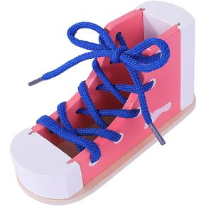Learn to Tie Shoes - Wooden Lacing Shoe Tying Practice for Kids,Safe & Reusable Wood Shoelaces Tying Toy Educational Toy/pink