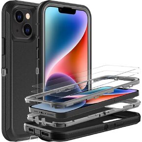 for iPhone 14 Plus Case, Military Grade 3 in 1 Heavy Duty Shockproof/Drop Proof/Dust Proof Case with 2Pcs Tempered Glass Screen Protector (Black/Grey)