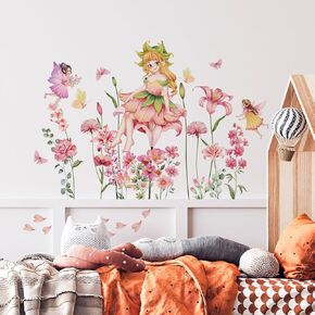 Fairy Flower Wall Stickers，Flowers Butterfly Elf Peel and Stick Wall Art Decals，Girls Elf Flower Butterfly Dragonfly Wall Stickers，for Kids Baby Nursery Bedroom Living Room