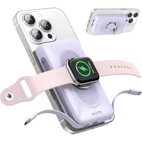 BLAVOR Portable Charger, 10000mAh Magnetic Wireless Power Bank Built-in Cables with iWatch Charger, Intelligent Charging Mode, Battery Pack for iPhone 15/14/13 Series, Apple Watch Ultra 9/8/7/6/se