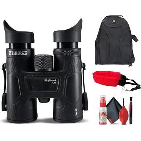 Steiner Skyhawk 4.0 10x32 Binoculars (23370900) Bundle with Padded Backpack, Floating Wrist Strap, and 6Ave Cleaning Kit