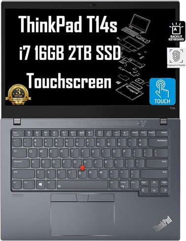 كمبيوتر محمول Lenovo ThinkPad T14s Business (شاشة لمس FHD مقاس 14 بوصة، Intel Core i7-1165G7، ذاكرة وصول عشوائي 16 جيجابايت، 2 تيرابايت SSD) عمر بطارية طويل 14 ساعة، إضاءة خلفية، بصمة الإصبع، Thunderbolt 4، كاميرا ويب IR، ضمان 3 سنوات، Win 11 Pro in Kuwait