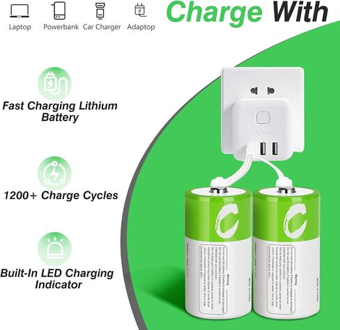 4 Pack Rechargeable C Batteries with 4 in 1 USB Charging Cable, 1.5v Lithium C Cell Battery 4100mWh, C Size LR14 Battery Replacement in Saudi Arabia