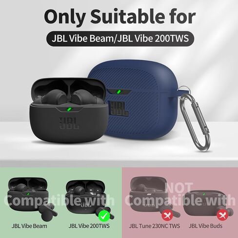 for JBL Vibe 200TWS/JBL Vibe Beam Case Cover, Silicone Protective Scratch Shock Resistant Logo Visible Cover Compatible with JBL Vibe 200TWS & JBL Vibe Beam Charging Case with Carabiner-Blue in Kuwait