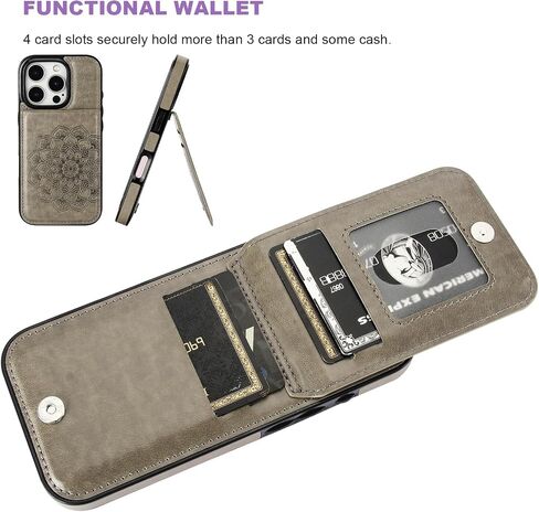 Vaburs for iPhone 16 Pro Wallet Case, Kickstand Case with Credit Card Holder, Embossed Mandala Floral Pattern Premium PU Leather Magnetic Closure Shockproof Protective Flip Cover 6.3" (Gray) in Kuwait
