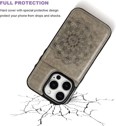 Vaburs for iPhone 16 Pro Wallet Case, Kickstand Case with Credit Card Holder, Embossed Mandala Floral Pattern Premium PU Leather Magnetic Closure Shockproof Protective Flip Cover 6.3" (Gray) in Kuwait