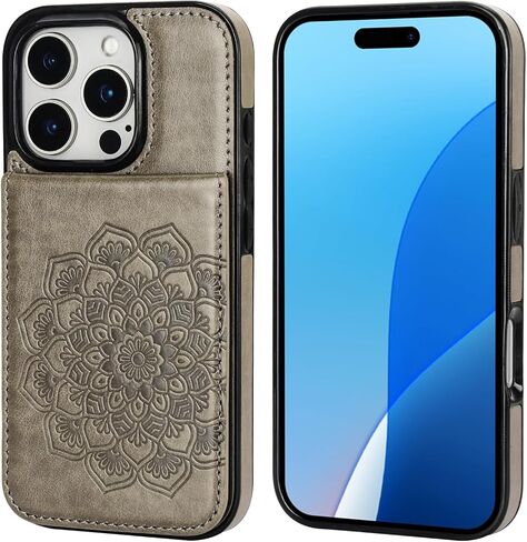 Vaburs for iPhone 16 Pro Wallet Case, Kickstand Case with Credit Card Holder, Embossed Mandala Floral Pattern Premium PU Leather Magnetic Closure Shockproof Protective Flip Cover 6.3" (Gray) in Kuwait