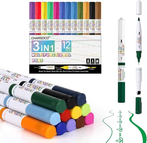 CHARSOCO 24 Colors 3 In 1 Marker Pens, Curve Tip, Fine Point and Brush Tip -24 Patterns, Assemblable, for Kids Adult Coloring Books, DIY Cards Drawing Note Taking, Calligraphy, Journaling, Xmas Gift in Saudi Arabia