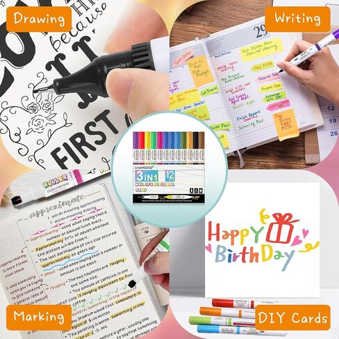 CHARSOCO 24 Colors 3 In 1 Marker Pens, Curve Tip, Fine Point and Brush Tip -24 Patterns, Assemblable, for Kids Adult Coloring Books, DIY Cards Drawing Note Taking, Calligraphy, Journaling, Xmas Gift in Saudi Arabia