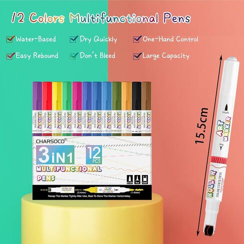 CHARSOCO 24 Colors 3 In 1 Marker Pens, Curve Tip, Fine Point and Brush Tip -24 Patterns, Assemblable, for Kids Adult Coloring Books, DIY Cards Drawing Note Taking, Calligraphy, Journaling, Xmas Gift in Saudi Arabia