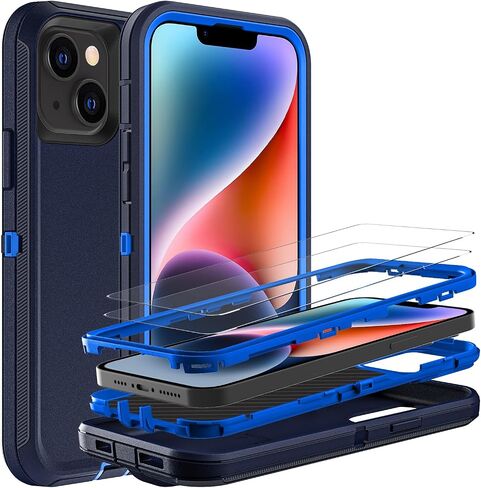 حافظة لهاتف iPhone 14 Plus، حافظة من الدرجة العسكرية 3 في 1 مقاومة للصدمات/السقوط/الغبار مع قطعتين من واقي الشاشة الزجاجي المقوى (أسود/رمادي) in Saudi Arabia