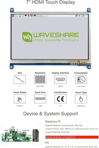 Waveshare 7inch HDMI LCD B for Various Systems Raspberry Pi/Raspberry Pi 3 Model B+ 800x480 Rev3.1 Capacitive Touch Screen LCD Display HDMI Interface. in Saudi Arabia