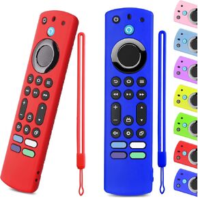 OneBom (2pcs) Silicone Remote Cover for Firetv 4K Max (2nd)/ Insignia/Pioneer/Omni (QLED) Series Alexa Voice Remote Enhanced w, Anti-Slip Protective Case with Same Color Lanyard (Blue&Red)