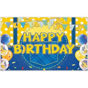 Fabric 72x43inch Yellow Jeans Cartoon Happy Birthday Backdrop Banana Balloon Flag Boy Party Decorations Kids Supplies Photo Booth Props Cake Table Banner
