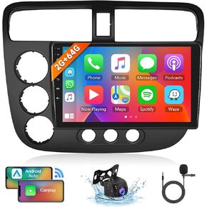 2G 64G 8 Core Android Car Stereo for Honda Civic 2001 2002 2003 2004 2005, Car Radio Wireless Carplay Android Auto, 10.1'' Touch Screen Bluetooth GPS Navigation SWC FM/RDS WiFi Backup Camera