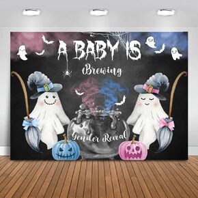 Mocsicka A Baby is Brewing Gender Reveal Backdrop Halloween Ghost Gender Reveal Background Spooky Pumpkin Gender Reveal Party Cake Table Decoration Banner Photo Booth Props (7x5ft)