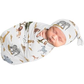 Sweet Jojo Designs Jungle Animals Boy Girl Gender Neutral Unisex Baby Cocoon Swaddle and Beanie Newborn Jersey Set Infant Wearable Blanket Going Home Outfit Set Green Boho Safari Elephant Giraffe