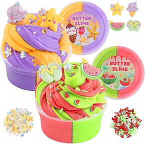 LAWOHO Butter Slime Kit Includes 2X120ml Two-Toned Butter Slime with 6 Packs Slime Add-Ins, Slime for Kids Party Favors, Non Stick Slime Scented Slime, Kids Slime Kit for Girls Boys Ages 8-12(Ocean)