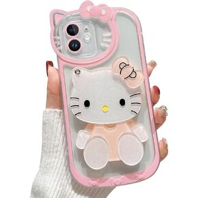Cute Cartoon Case for iPhone 12 6.1 inch, 3D Bow Kawaii Glitter Cartoon Cat Case with Face Makeup Mirror for Women Girls Soft Silicone Clear Protective Phone Case for iPhone 12, Pink