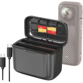 Fast Charge Hub for Insta360 X4 Battery, Quick Portable 2 Channel Battery Charging Case Compatible with Insta360 X4 Accessories, Can Store Two Batteries and Micro SD Card