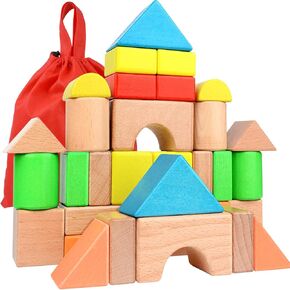 Migargle Large Wooden Building Blocks for Toddlers - Educational Preschool Learning Toys with Storage Bag, Innovative Shapes & Variety Colors to Build More Combinations