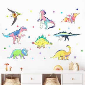 Mfault Watercolor Dinosaur Wall Decals Stickers, T-Rex Dino Stegosaurus Polka Dot Peel Stick Nursery Decorations Kids Bedroom Art, Tyrannosaurus Neutral Toddlers Baby Boys Girls Room Playroom Decor
