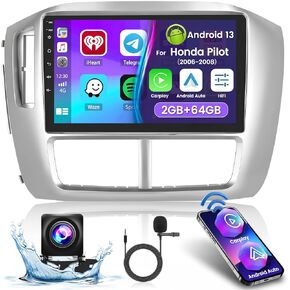 شاشة ستيريو سيارة أندرويد 8-Core 4+64G لسيارة Honda Pilot 2006-2008 ترقية راديو، شاشة لمس 9 بوصة مع CarPlay Android Auto اللاسلكي، وصلة مرآة، ملاحة GPS، كاميرا احتياطية AHD