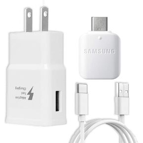 Samsung Fast Adaptive Wall Adapter Charger for Galaxy S10 S9 Plus Note 9 S8 Note 8 EP-TA20JWE - 6 Foot Type C/USB-C Cable and OTG Adapter - White