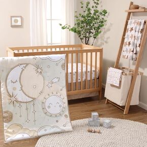 The Peanutshell Baby Crib Bedding Set for Boys or Girls, Neutral, 5 Pieces, Twinkle Moon Stars Nursery Decor, Crib Comforter Set