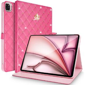 for iPad Air 13 Inch Case M2 (2024), iPad Pro 12.9 Case (6th/5th/4th Gen,2022/2021/2020),Cute Crown Rhinestone Elegant PU Leather Auto Sleep/Wake Stand Protective Case for iPad Air 13" (Pink)
