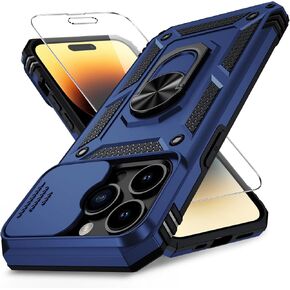 for iPhone 14 Pro Max Case with Slide Lens Cover HD Screen Protector, Military Grade Drop Protection, Magnetic Rotated Ring Holder Kickstand Protective Phone Case (Navy Blue)