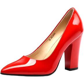 Women's Chunky Heel Closed Pointed Toe Patent Leather Dress Pumps Shoes