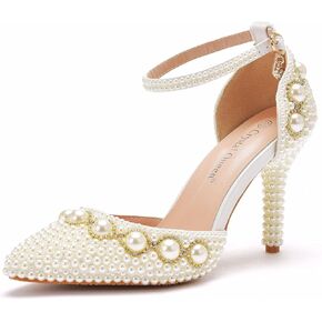 Women High Heel Pointed Toe Sandals Ivory Pearls Chains Stiletto Heels Pumps for Bridal Wedding Evening Party