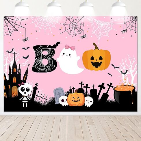 Mocsicka Halloween Boo Backdrop Cute Spooky Ghost Pumpkin Trick or Treat Background Pink Little Boo Girl Baby Shower or Birthday Party Cake Table Decoration Banner Photo Booth Props (7x5ft) in Saudi Arabia